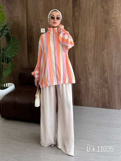 Satin silk fabric striped bomber with wide leg trouser set