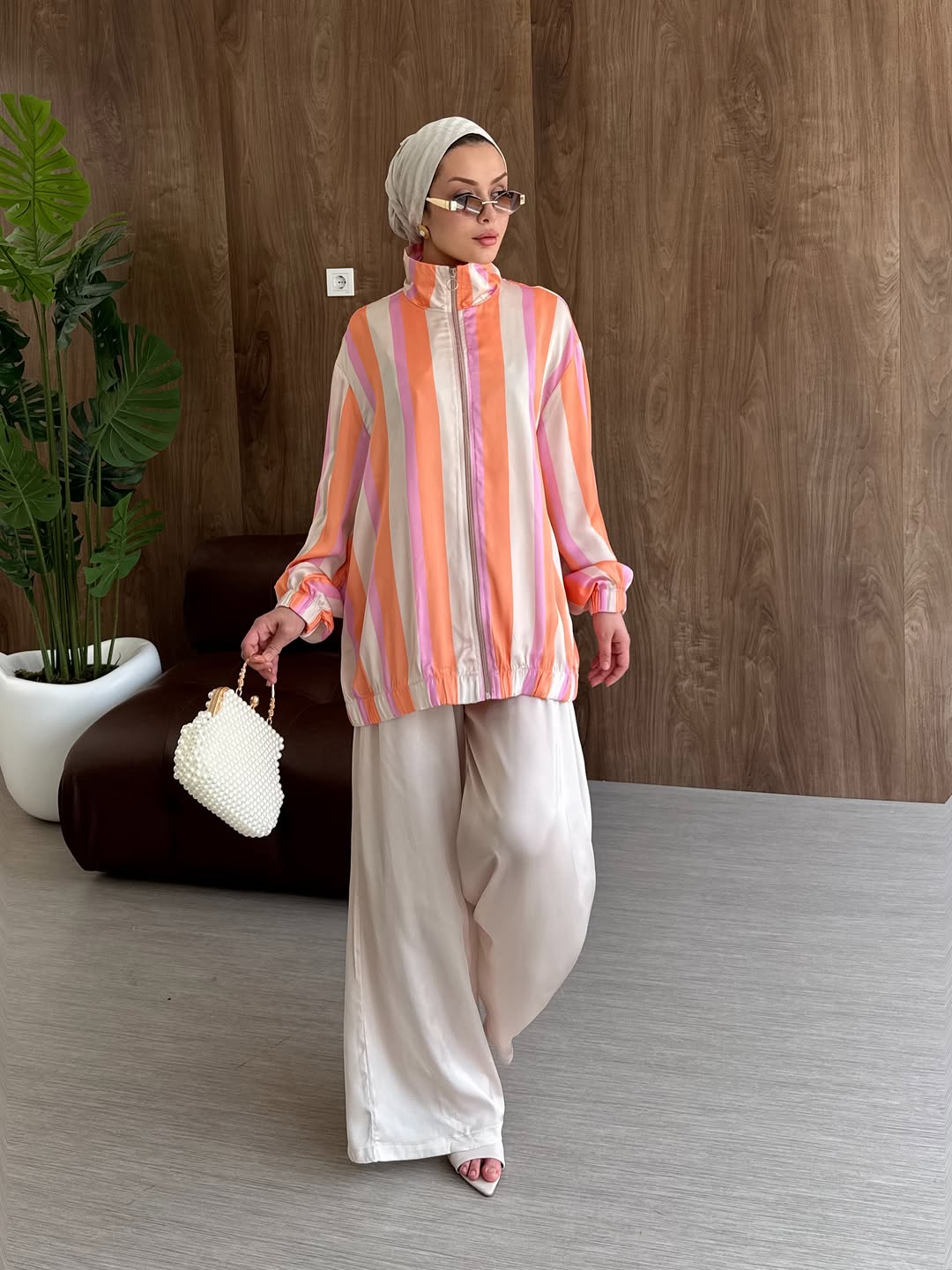 Satin silk fabric striped bomber with wide leg trouser set