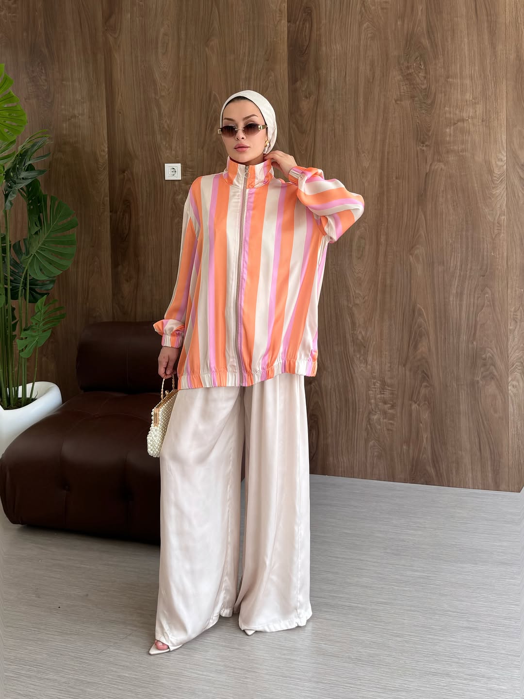Satin silk fabric striped bomber with wide leg trouser set
