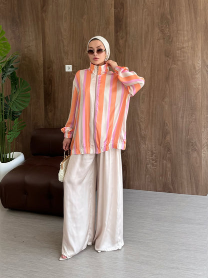 Satin silk fabric striped bomber with wide leg trouser set