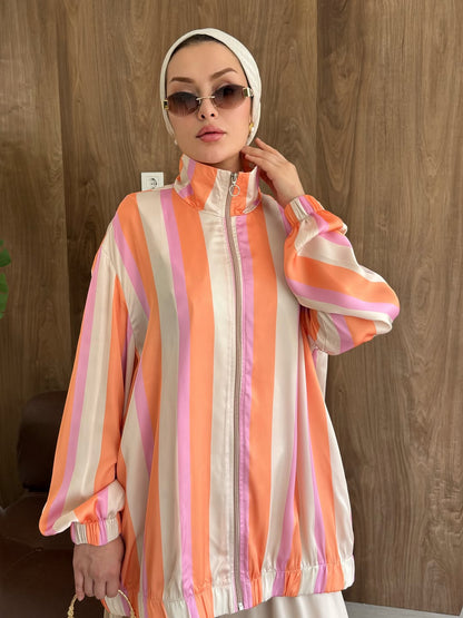 Satin silk fabric striped bomber with wide leg trouser set