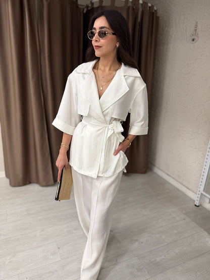 WRAP-NECK TWO-PIECE SET WITH WAIST TIE