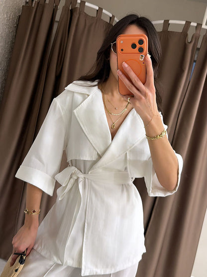 WRAP-NECK TWO-PIECE SET WITH WAIST TIE
