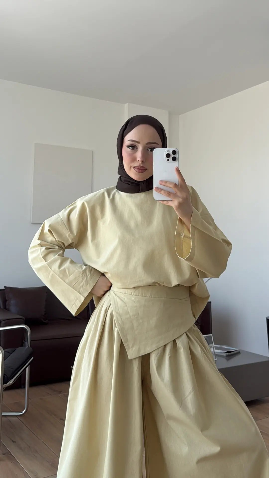 Wide sleeve blouse, Wide-leg trouser with Asymmetric attached Linen Suit