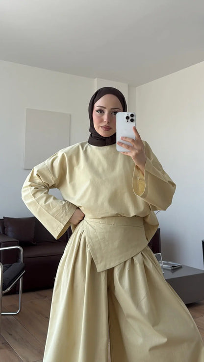 Wide sleeve blouse, Wide-leg trouser with Asymmetric attached Linen Suit