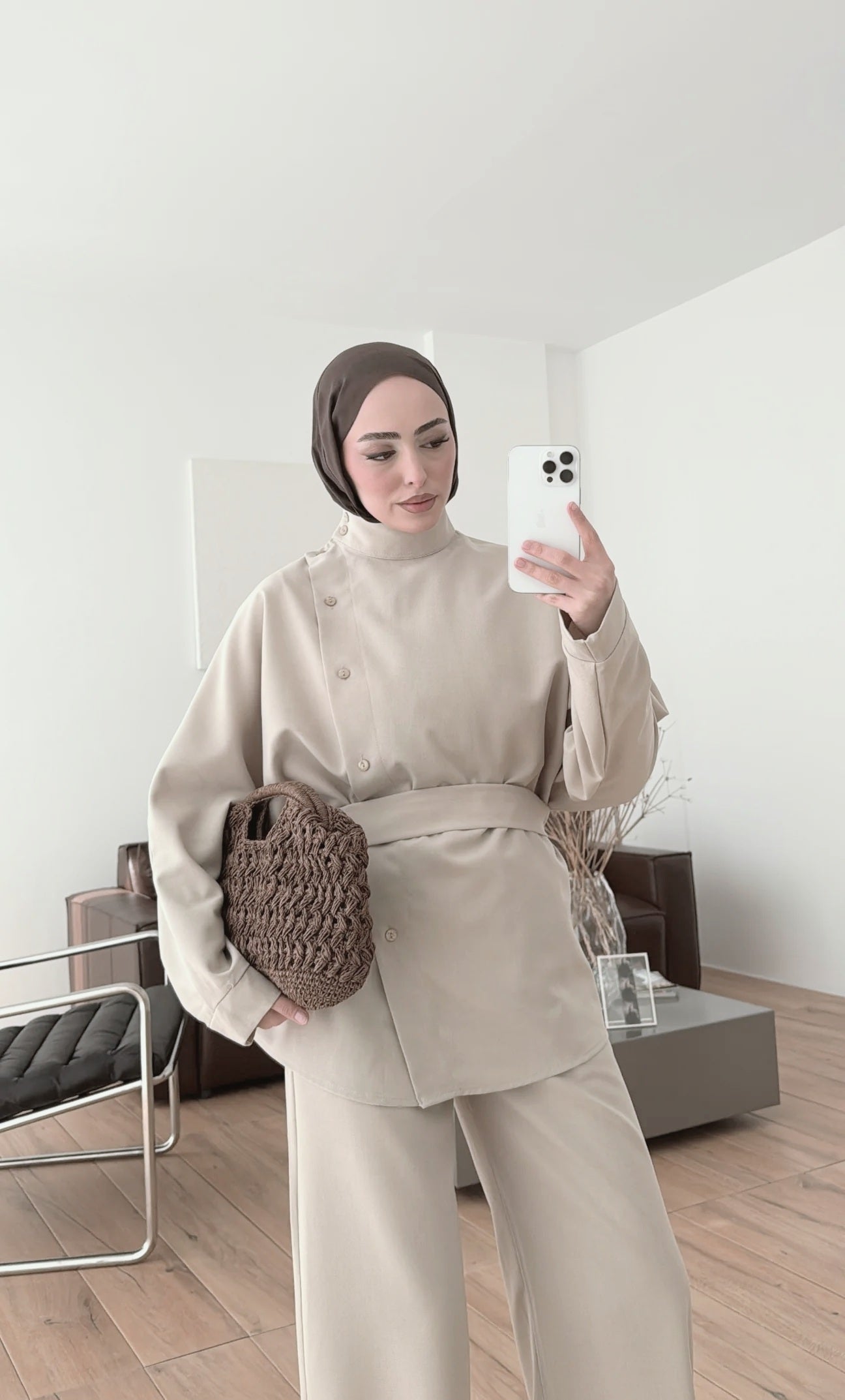 Belted side buttons shirt ,waistband straight leg trouser co-ord set-beige