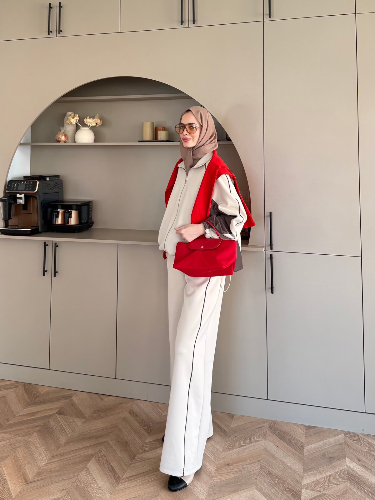 Oversized adjustable waist jacket with Parachute Details, waistband wide leg trouser tracksuit - beige