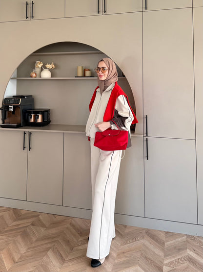 Oversized adjustable waist jacket with Parachute Details, waistband wide leg trouser tracksuit - beige