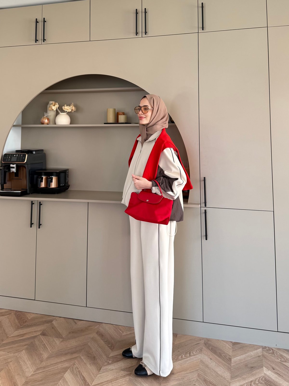 Oversized adjustable waist jacket with Parachute Details, waistband wide leg trouser tracksuit - beige