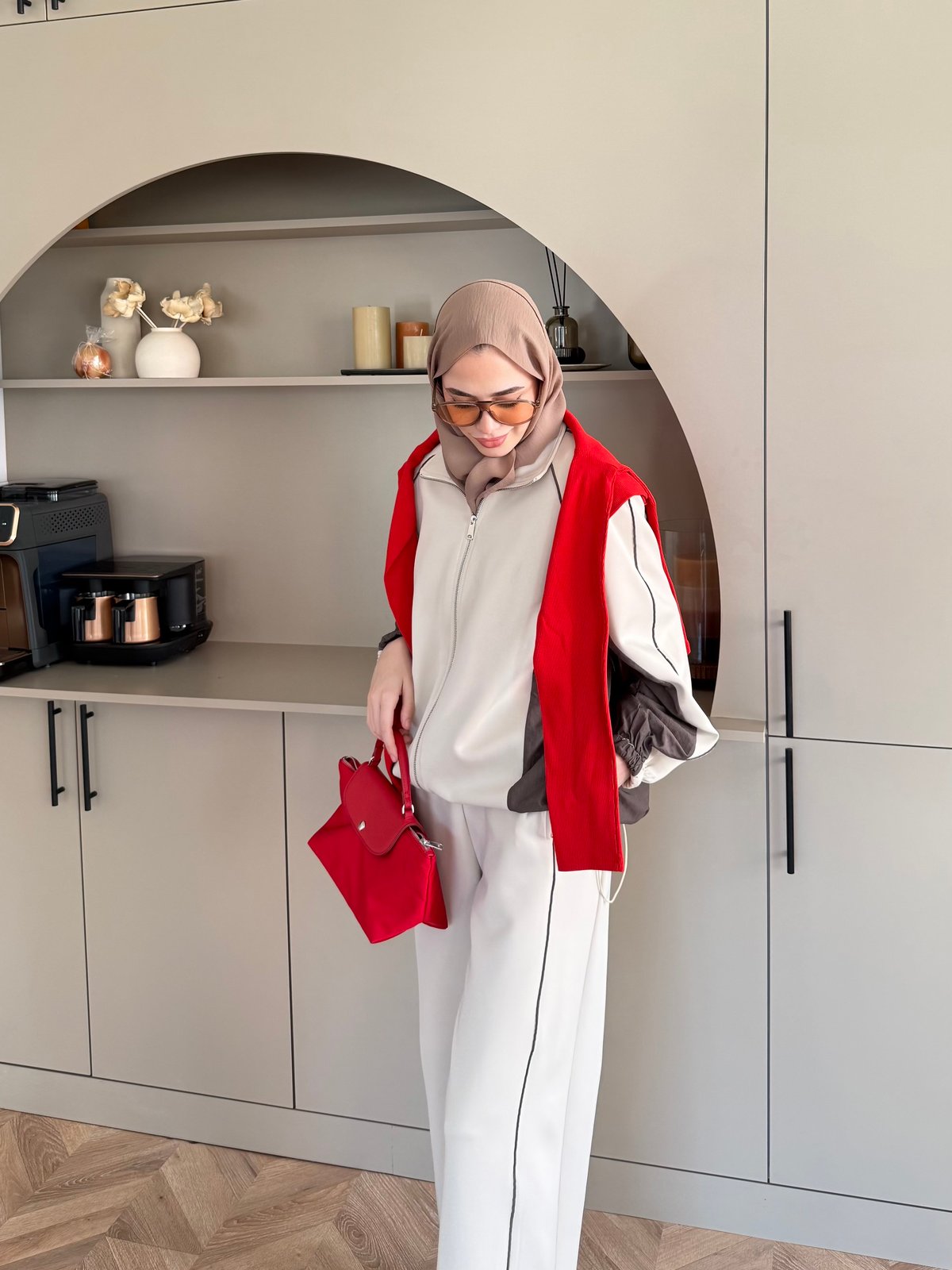Oversized adjustable waist jacket with Parachute Details, waistband wide leg trouser tracksuit - beige