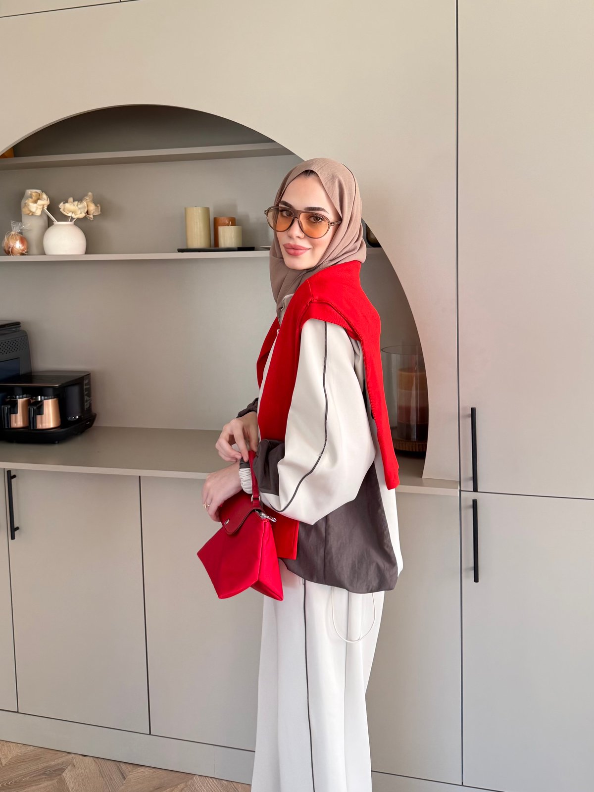 Oversized adjustable waist jacket with Parachute Details, waistband wide leg trouser tracksuit - beige