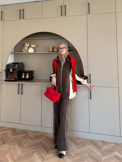 Oversized adjustable waist jacket with Parachute Details, waistband wide leg trouser tracksuit - brown
