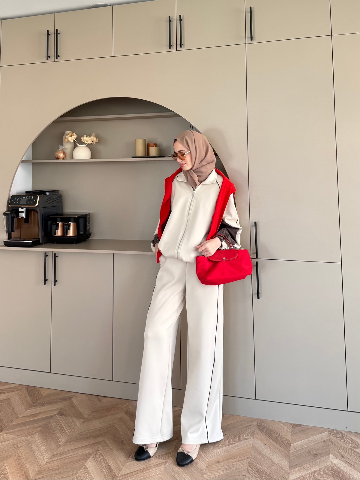 Oversized adjustable waist jacket with Parachute Details, waistband wide leg trouser tracksuit - beige