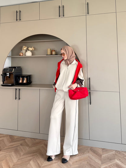 Oversized adjustable waist jacket with Parachute Details, waistband wide leg trouser tracksuit - beige