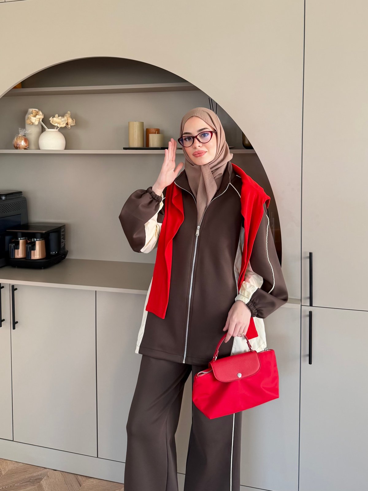 Oversized adjustable waist jacket with Parachute Details, waistband wide leg trouser tracksuit - brown