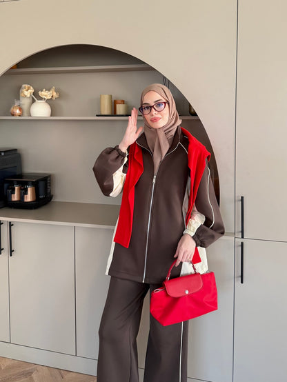 Oversized adjustable waist jacket with Parachute Details, waistband wide leg trouser tracksuit - brown