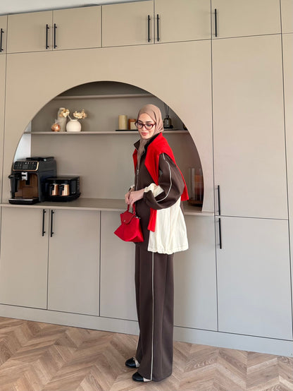 Oversized adjustable waist jacket with Parachute Details, waistband wide leg trouser tracksuit - brown