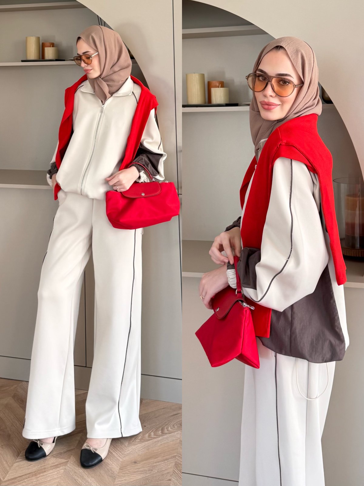 Oversized adjustable waist jacket with Parachute Details, waistband wide leg trouser tracksuit - beige