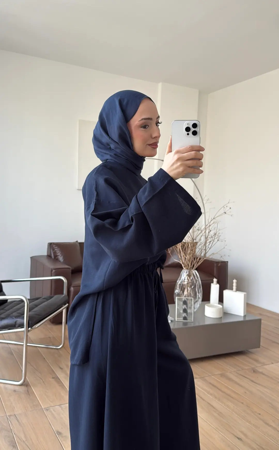 Linen Wide-Leg Blouse Set - navy blue