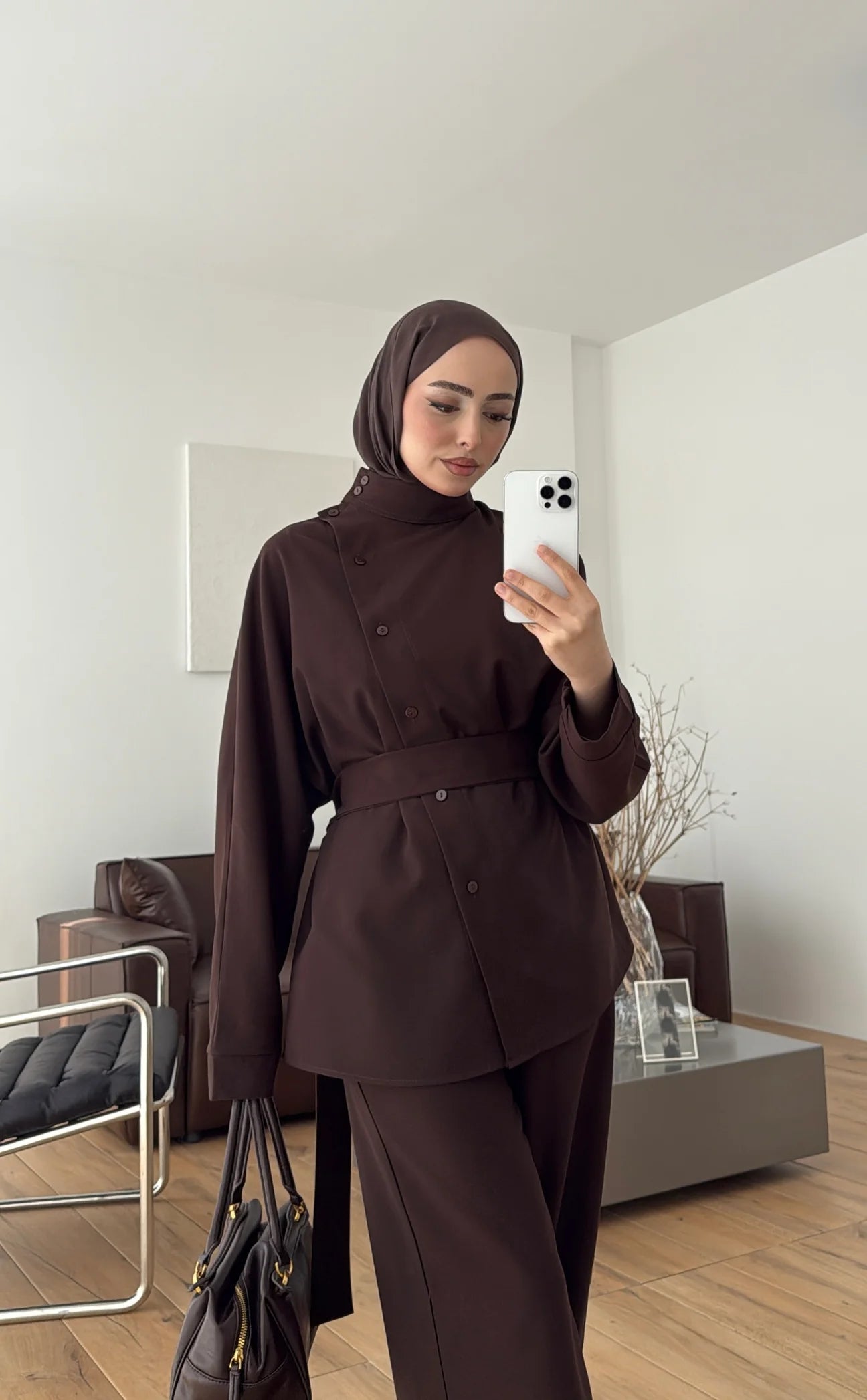 Belted side buttons shirt ,waistband straight leg trouser co-ord set-brown