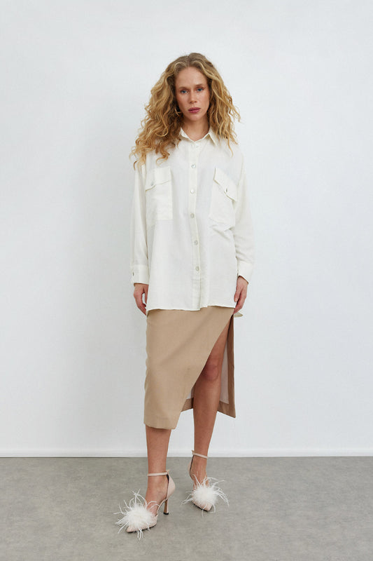 Silky fabric double pocket shirt
