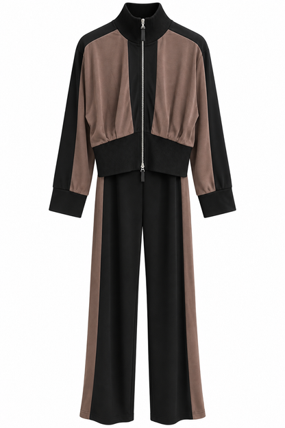 Double-Zip Stand-Up Collar Modal Suit - brown