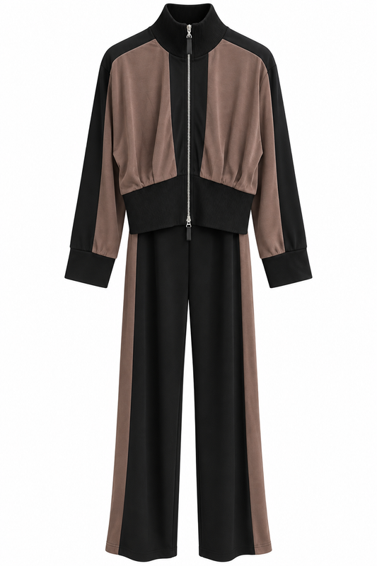 Double-Zip Stand-Up Collar Modal Suit - brown