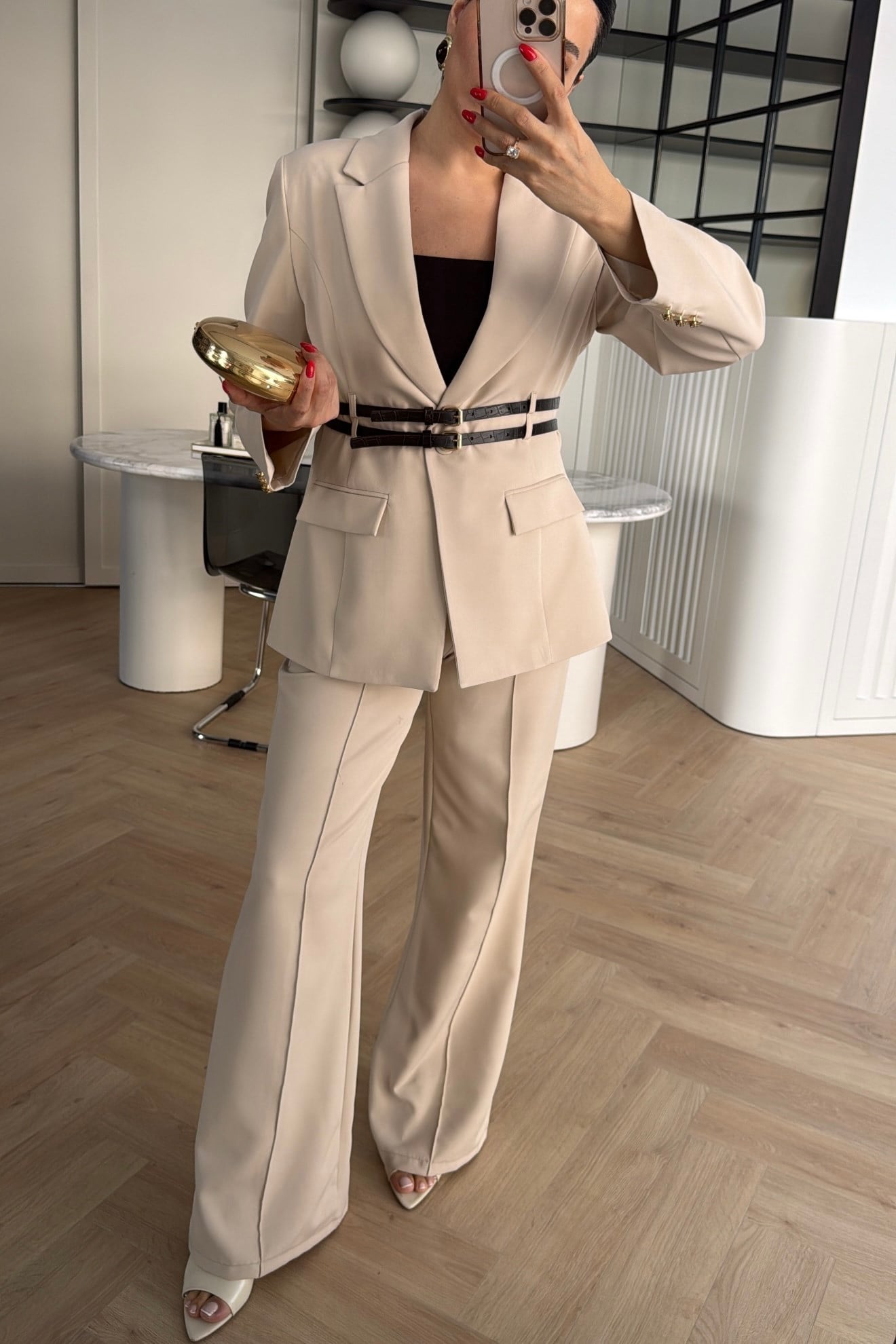 Double Belt Blazer Suit -beige