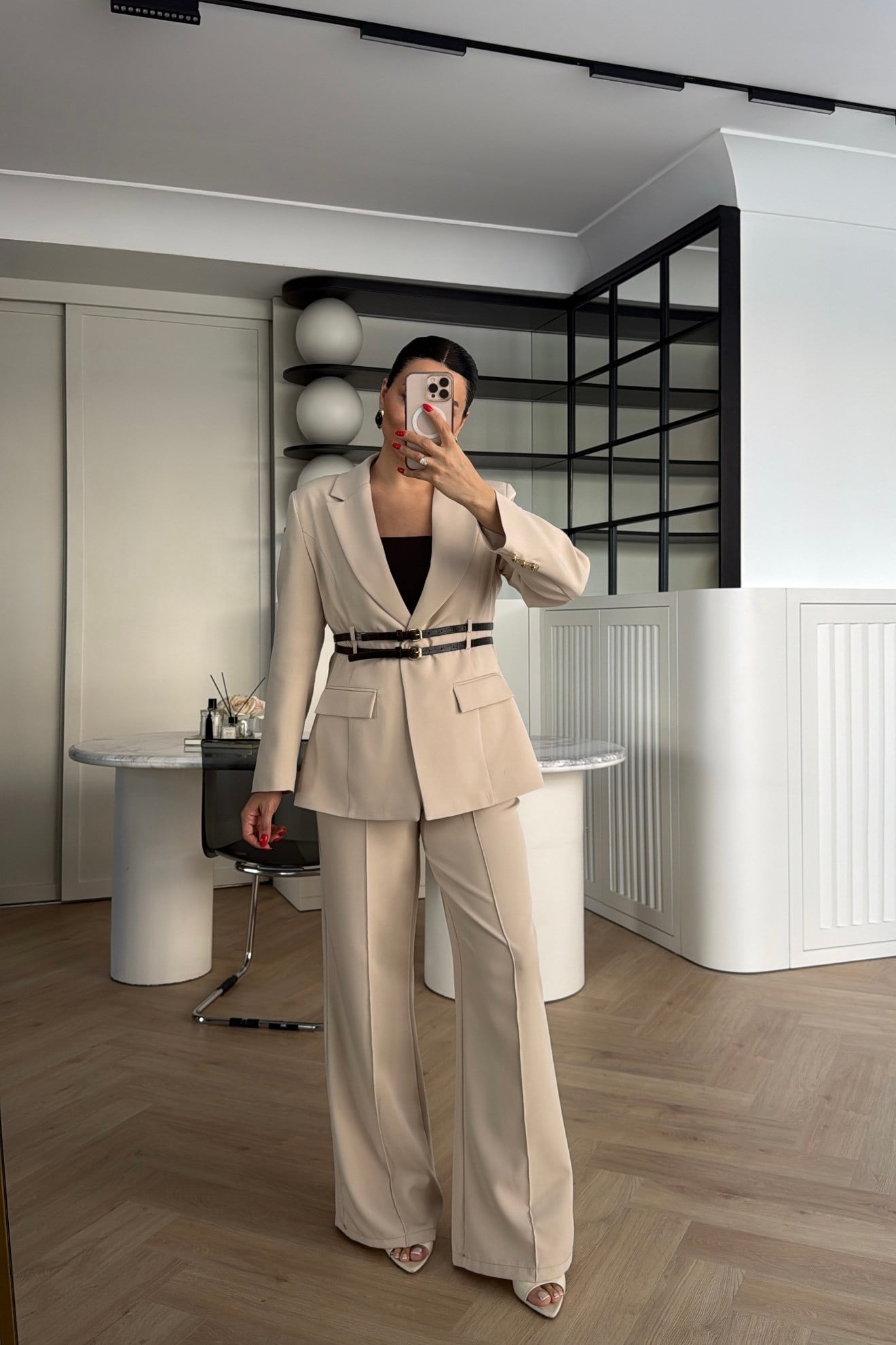 Double Belt Blazer Suit -beige