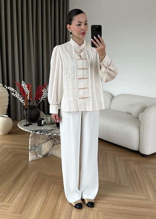 Beige Shirt with Red Button Detail and Mandarin Collar
