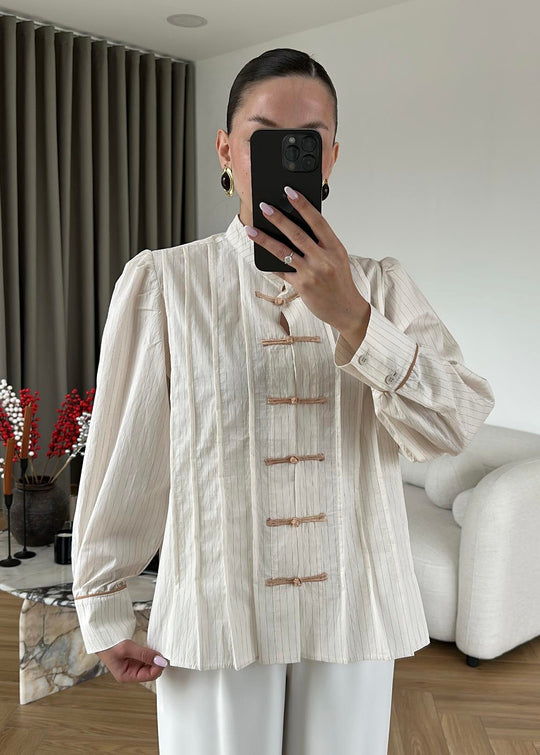 Beige Shirt with Red Button Detail and Mandarin Collar