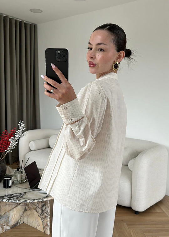 Beige Shirt with Red Button Detail and Mandarin Collar