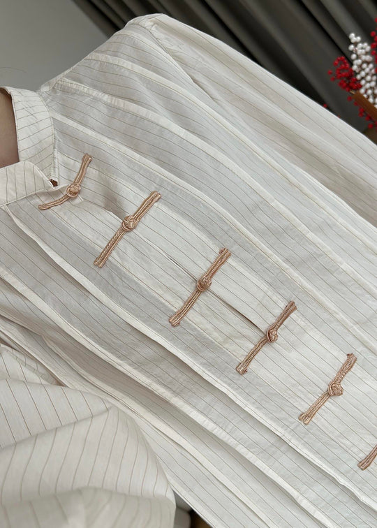 Beige Shirt with Red Button Detail and Mandarin Collar