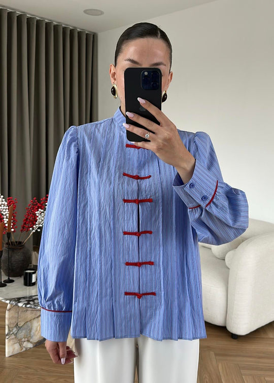 Blue Shirt with Red Button Detail and Mandarin Collar