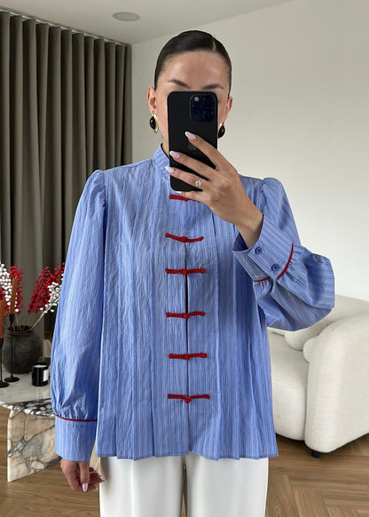 Blue Shirt with Red Button Detail and Mandarin Collar