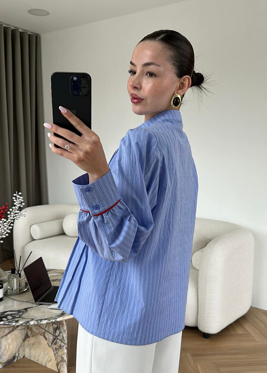 Blue Shirt with Red Button Detail and Mandarin Collar