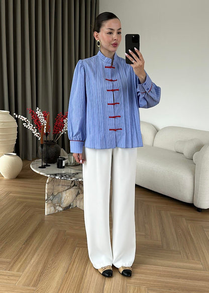 Blue Shirt with Red Button Detail and Mandarin Collar