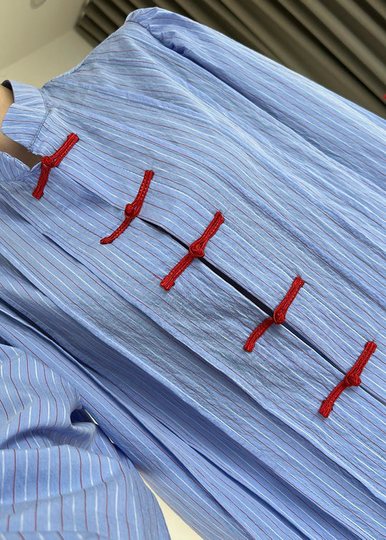 Blue Shirt with Red Button Detail and Mandarin Collar