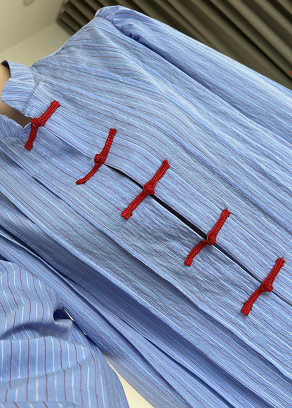 Blue Shirt with Red Button Detail and Mandarin Collar