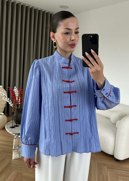 Blue Shirt with Red Button Detail and Mandarin Collar