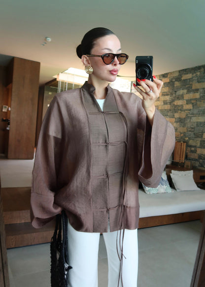 Chinese Buttoned Transparent Shirt Khaki