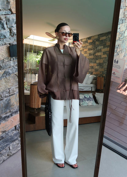 Chinese Buttoned Transparent Shirt Khaki