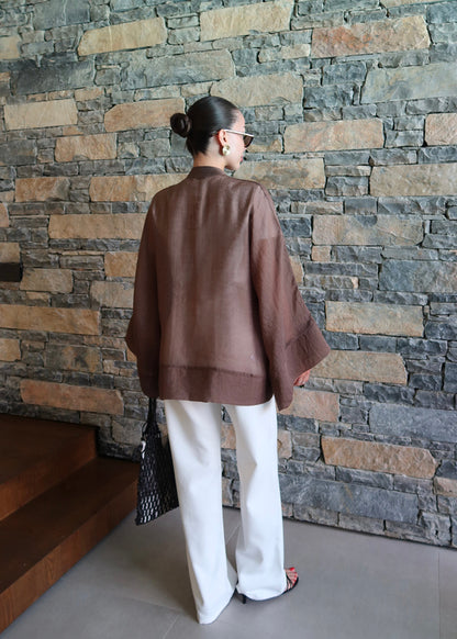 Chinese Buttoned Transparent Shirt Khaki