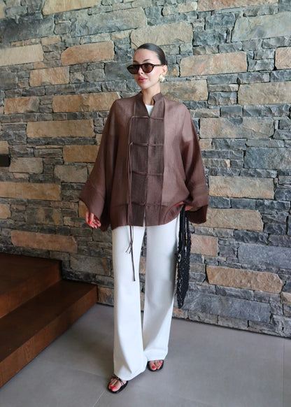 Chinese Buttoned Transparent Shirt Khaki