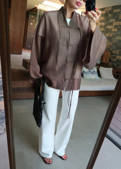 Chinese Buttoned Transparent Shirt Khaki