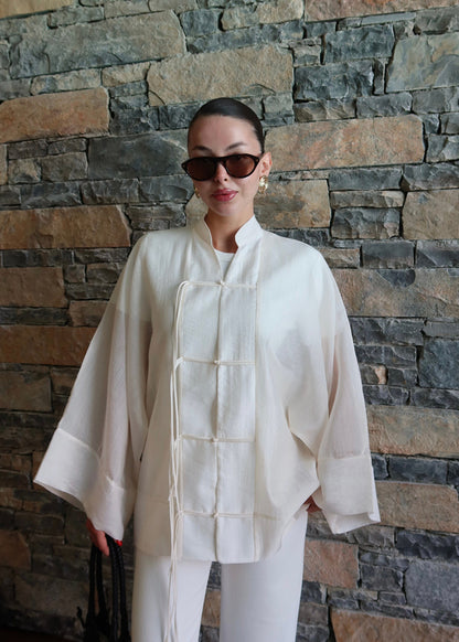 Chinese Buttoned Transparent Shirt Khaki