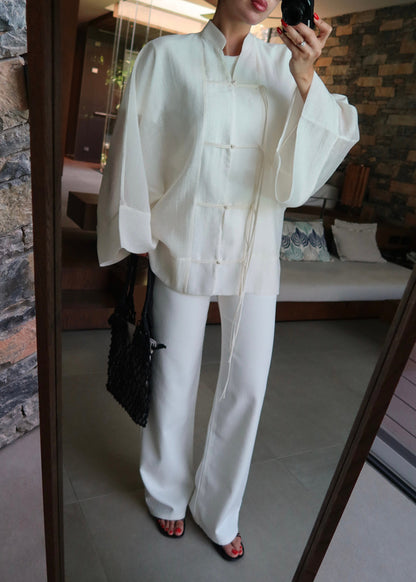 Chinese Buttoned Transparent Shirt Khaki