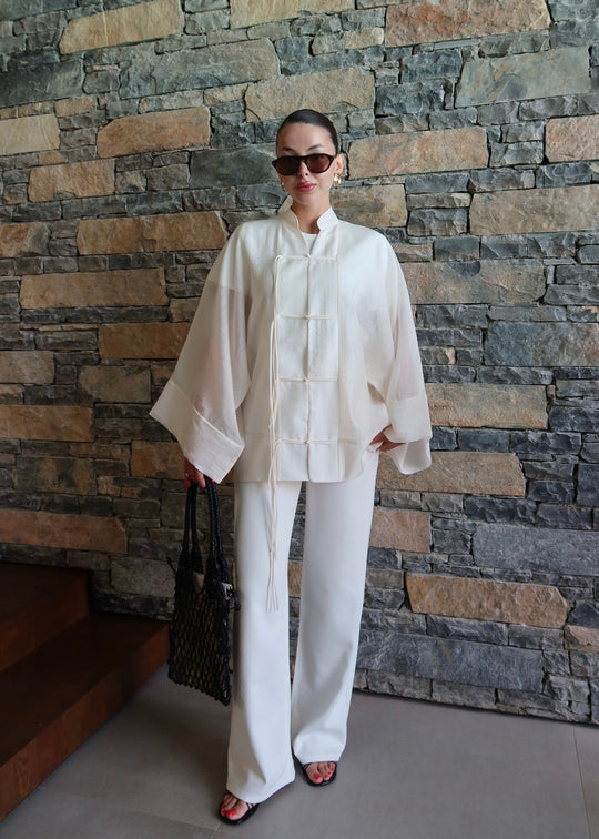 Chinese Buttoned Transparent Shirt Khaki
