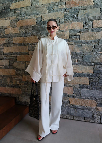 Chinese Buttoned Transparent Shirt Khaki