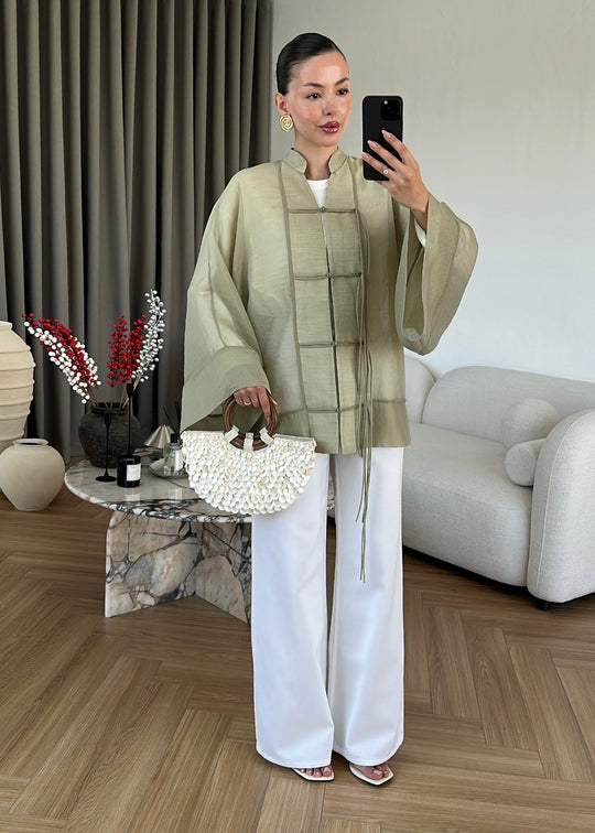 Chinese Buttoned Transparent Shirt - olive green